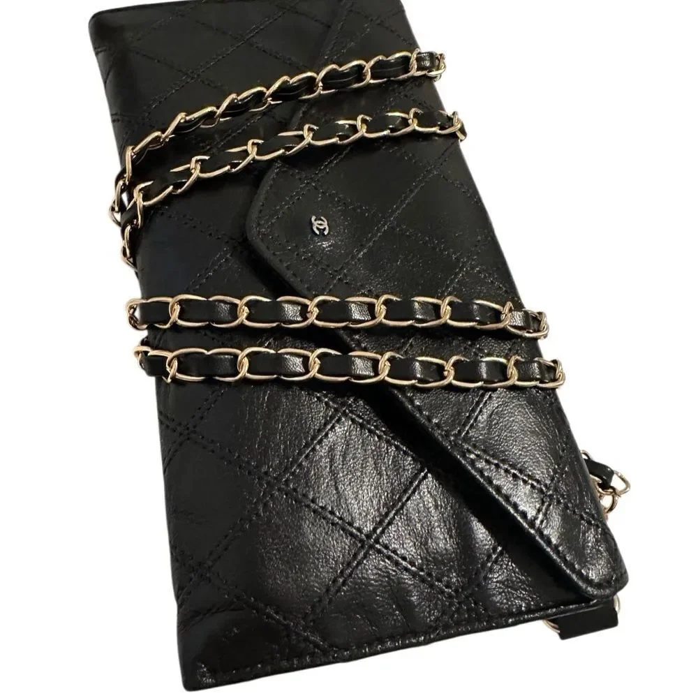 CHANEL Black Quilted Wallet with Envelope Design